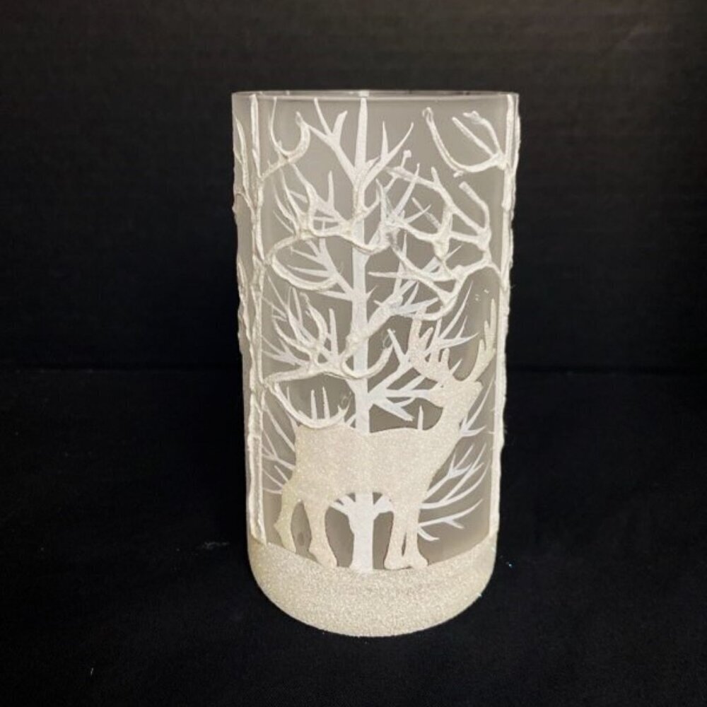 Two's Company Frosted Glass Candle Holder White Deer‎ & Trees Glittery